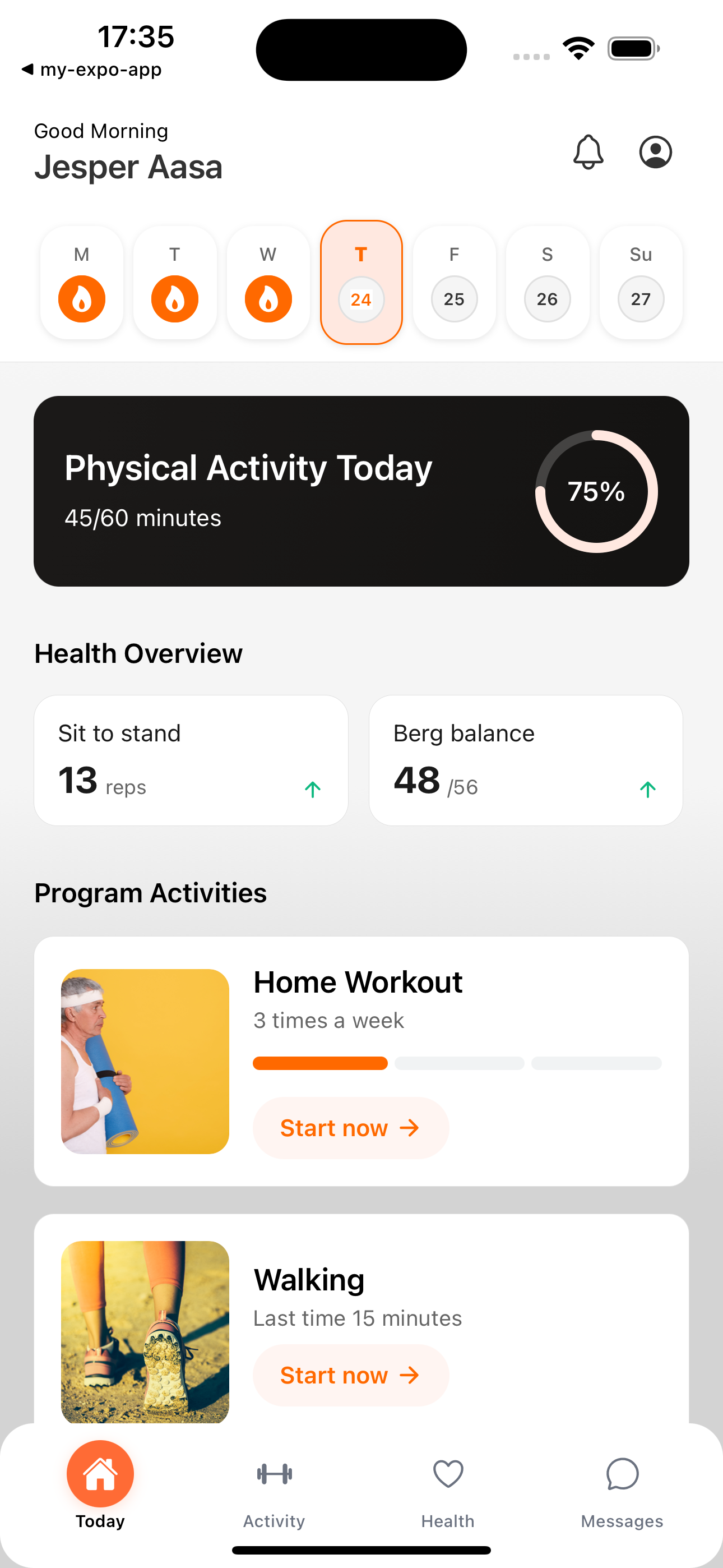 Mobile app screens showing exercise therapy prescription - App Homepage