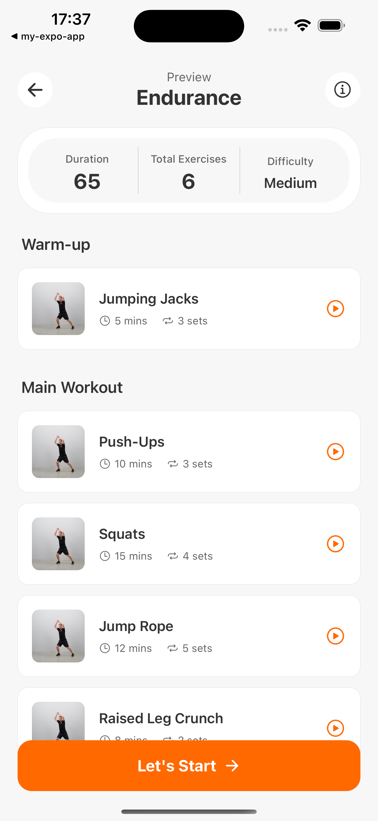 Mobile app screens showing exercise therapy prescription - Workout Preview